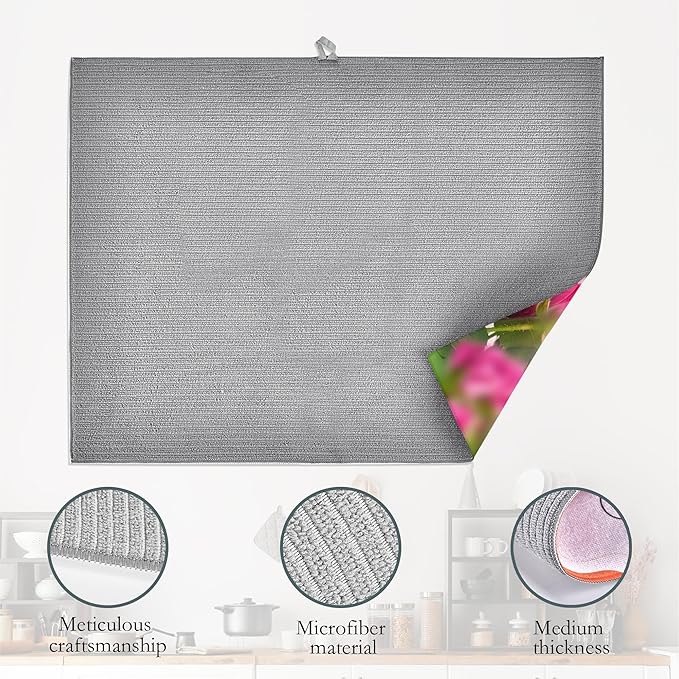 Pink Roses Flowers Dish Drying Mat for Kitchen Counter Decor,Butterflies Dish Drying Rack Pad Absorbent Reversible Microfiber for Coffee Tableware Sink Countertop 18x24 Inch
