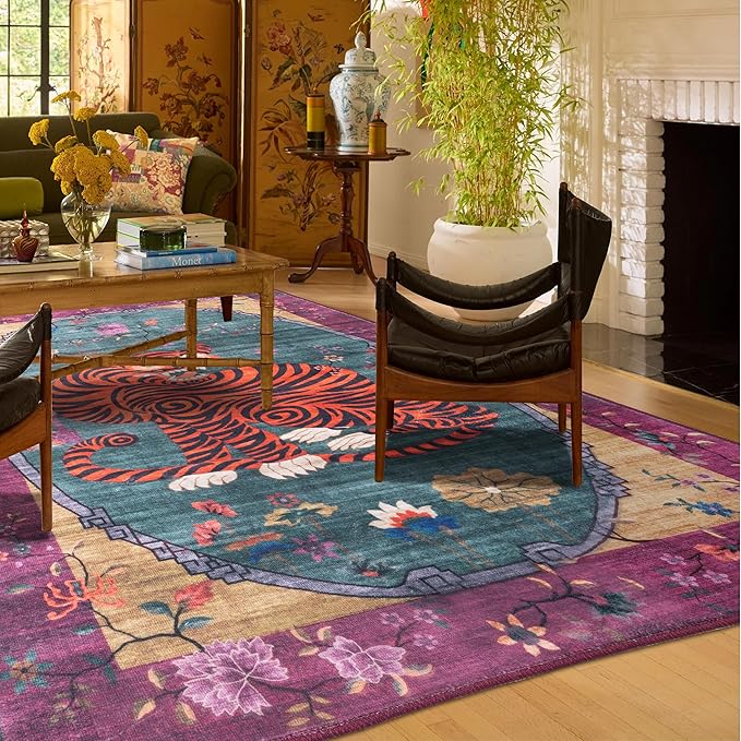 5X7 ft Tiger Rug Washable Oriental Traditional Animal Print Purple-Green Floral Tibetan Rugs for Bedroom Kitchen Living Room Indoor Entryway Carpet Thin Rug