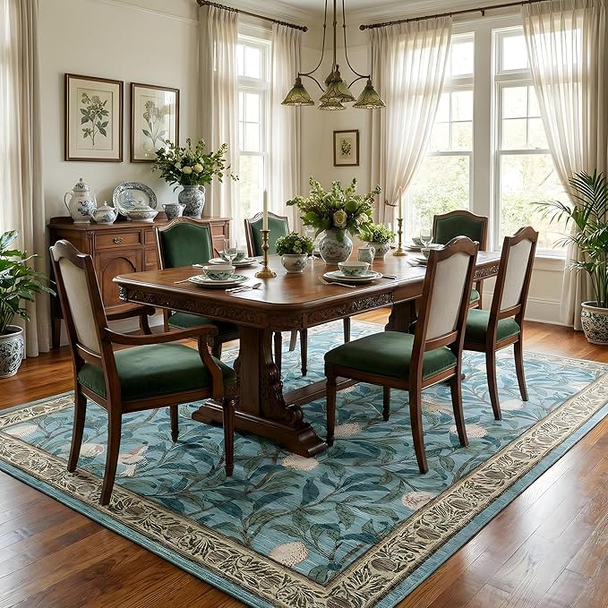 GarveeHome Boho Leaf Area Rugs 9x12 Living Room, Large Rugs for Living Room with Soft Low Pile, 9x12 Botanical Bird Washable Rug with Non-Slip Backing for Bedroom Dining Room Blue Carpet