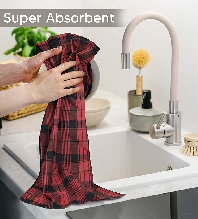 Utopia Towels Red & Black Dish Towels [12 Pack - 15 x 25 Inches] 100% Ring Spun Cotton Highly Absorbent & Reusable Cleaning Bar, Tea, Kitchen and Dishcloths Set - 200 GSM
