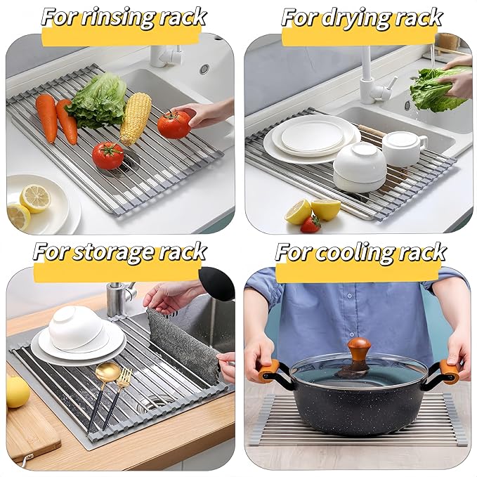 Roll Up Dish Drying Rack, 17.7" x 15.8" Over The Sink Dish Drying Rack, Kitchen Dish Rack Foldable Dish Drainer, Stainless Steel Dish Drying Rack for Kitchen Sink Counter Storage (Grey)