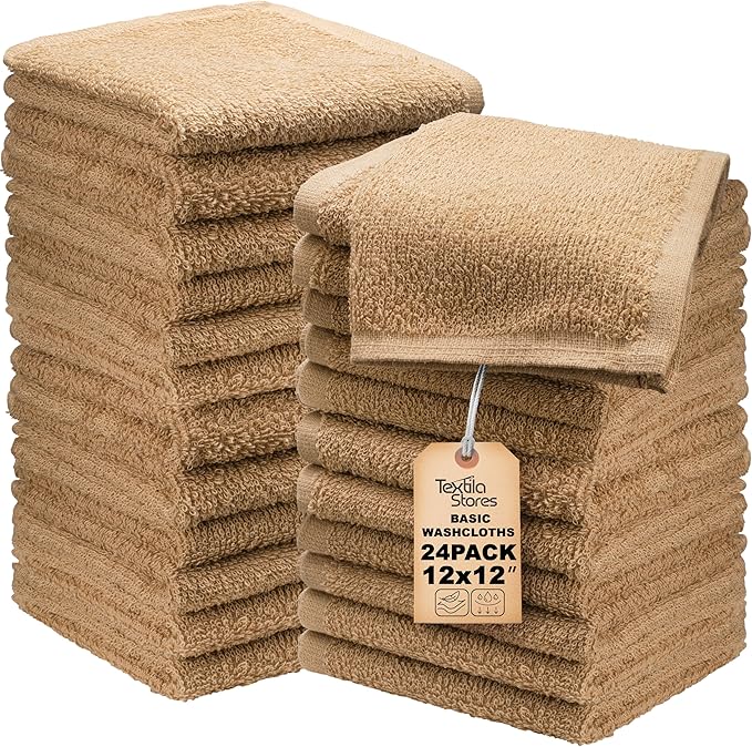Basic Wash Cloths 12x12 Inches – Bulk Pack of 24 – Beige Color – Soft and Absorbent Multipurpose Cotton Washcloths for Bathroom, Spa, Gym, Salon, Hotel, and Everyday Use