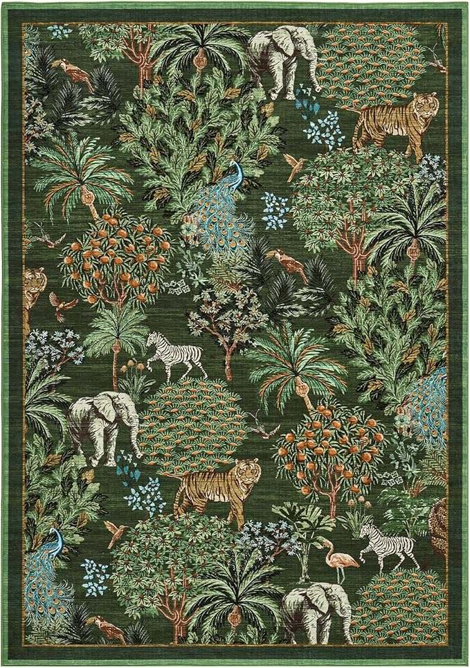 GarveeHome Jungle Animal Print Rug 3x5 Washable Area Rugs for Living Room, Forest Rug Non Slip Soft Low Pile Stain Resistance Throw Carpet for Bedroom Kids Playroom Nursery, Dark Green