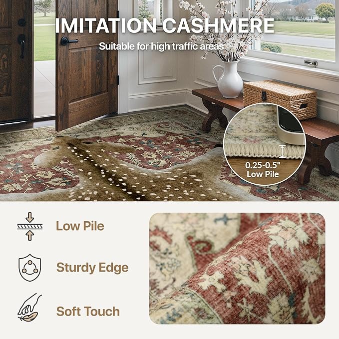 Bavni 5x7 Deer Rug, Machine Washable Animal Print Low Pile Boho Carpet, Non-Slip Non-Shedding Pet Friendly Rug for Living Room Playroom Nursery Bedroom Entryway, Red Yellow