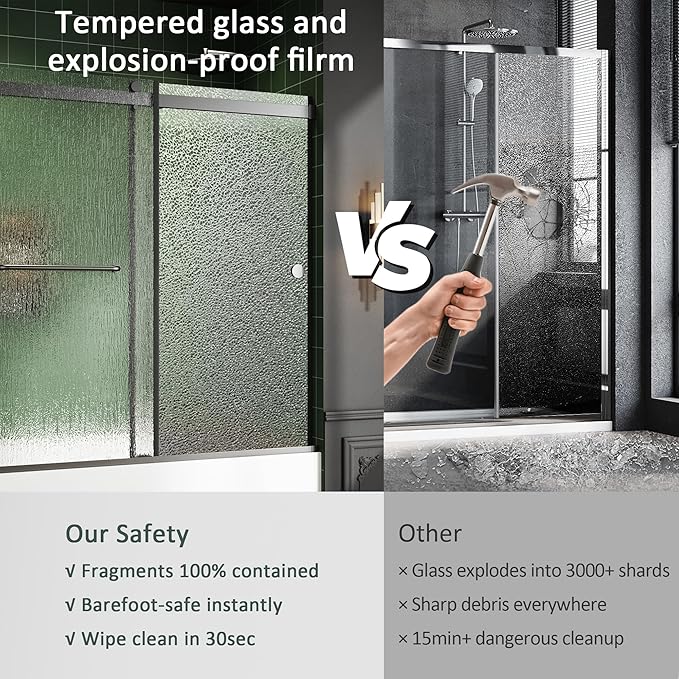 Bathtub Sliding Door 60" W x 56" H, Tub Shower Door, Frameless Bypass Double Sliding Door Tempered Rain Glass with Explosion-Proof Film Stainless Steel Black