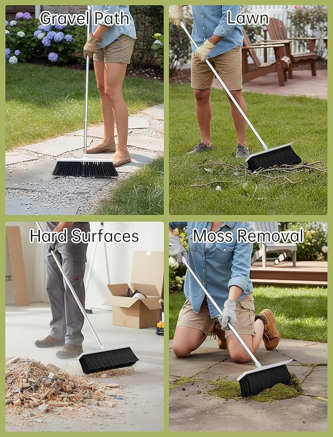 NiHome Outdoor Push Broom with Garden Rake, 2-in-1 16-Inch Dual-Sided Head for Lawn and Hard Surfaces, 63-Inch Adjustable Stainless Steel Handle, Heavy-Duty Yard Cleaning Tool