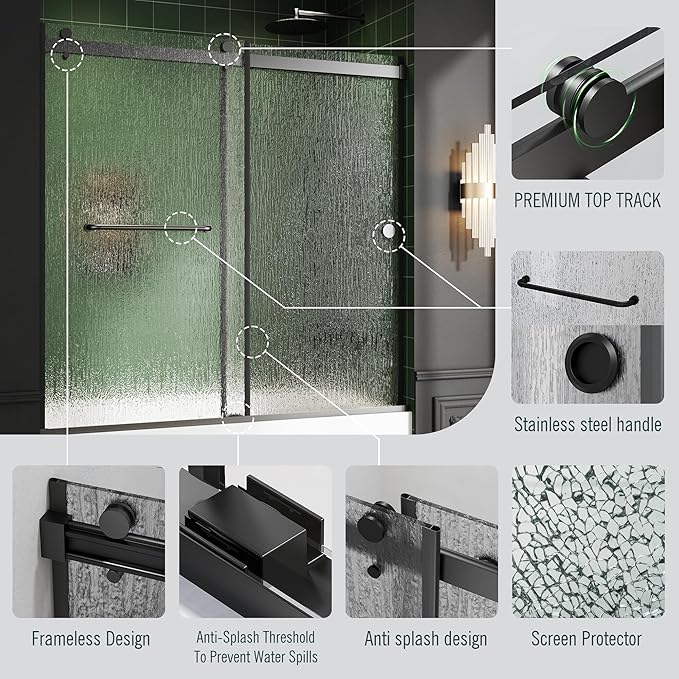 Bathtub Sliding Door 60" W x 56" H, Tub Shower Door, Frameless Bypass Double Sliding Door Tempered Rain Glass with Explosion-Proof Film Stainless Steel Black