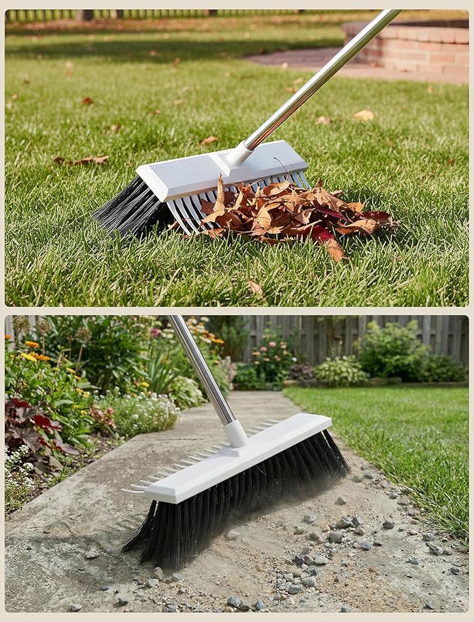 NiHome Outdoor Push Broom with Garden Rake, 2-in-1 16-Inch Dual-Sided Head for Lawn and Hard Surfaces, 63-Inch Adjustable Stainless Steel Handle, Heavy-Duty Yard Cleaning Tool