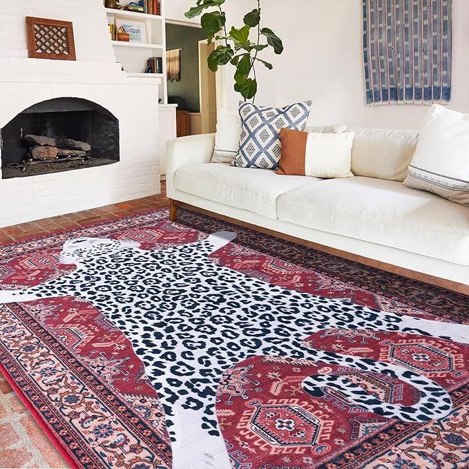 Oriental Leopard Rug 5x7 ft Washable Traditional Red Persian Rug for Bedroom Living Room, Dining Room Under Kitchen Table, Soft Non Slip Thin Rug Carpet (Red Leopard, 5X7 FT)