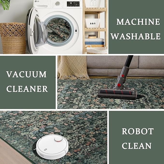 8x10 Washable Area Rug for Living Room, Large Vintage Dark Green Floral Rugs, Soft Non-Slip Stain Resistant Boho Lightweight Carpet for Bedroom Dining Room Nursery Home Office
