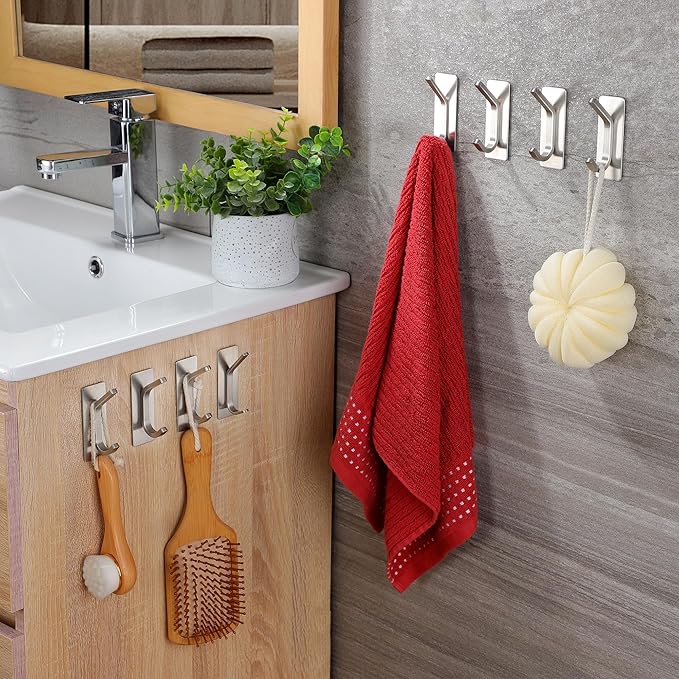 Taozun 8-Pack Adhesive Hook, Towel Hook/Coat Hook for Hanging Robe, Heavy Duty Adhesive Hooks Stick on Bathroom or Kitchen, Stainless Steel