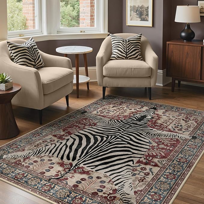 Bavni 5x7 Zebra Rug, Machine Washable Animal Print Low Pile Boho Carpet, Non-Slip Non-Shedding Pet Friendly Rug for Living Room Playroom Nursery Bedroom Entryway, Red