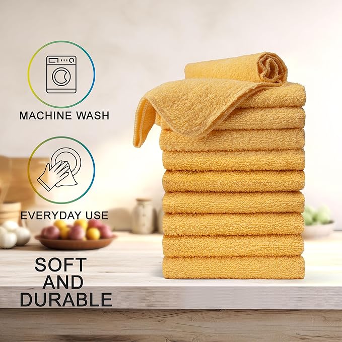 Textila Terry Wash Cloths – Pack of 10, Warm Yellow, 12x12 Inches – Soft, Absorbent & Multipurpose Cotton Washcloths for Face, Hand, Bath, Kitchen, Spa, Gym & Hotel Use