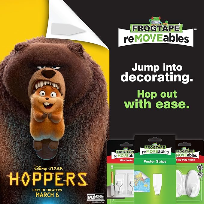 FrogTape reMOVEables Damage Free Adhesive Hook - Removable & Reusable Medium Wire Wall Hooks for Hanging - No Nails- Includes 6 Hooks & 8 Adhesive Strips, Holds up to 2 lbs, Clear (Pack of 6)