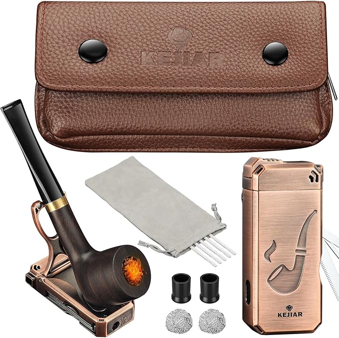 Tobacco Pipe Set, Handmade Wooden Pipe, Soft Flame Pipe Lighter and Smoking Pouch Set.Equipped With Pipe Cleaning Strips, Flame Retardant Mesh, Filters and Lighter, Comes with 3 Collapsible Cleaning Tools and Racks, Great Gift For Men (Gas Free)
