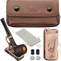Tobacco Pipe Set, Handmade Wooden Pipe, Soft Flame Pipe Lighter and Smoking Pouch Set.Equipped With Pipe Cleaning Strips, Flame Retardant Mesh, Filters and Lighter, Comes with 3 Collapsible Cleaning Tools and Racks, Great Gift For Men (Gas Free)