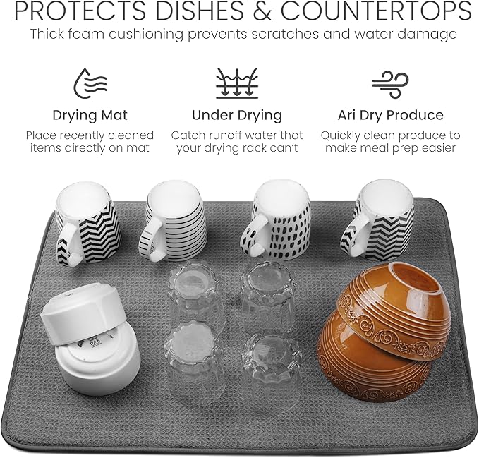 Bellemain XXL Dish Mat 24" x 17" ( LARGEST MAT ) Microfiber Dish Drying Mat , Super absorbent ( Dark Gray )