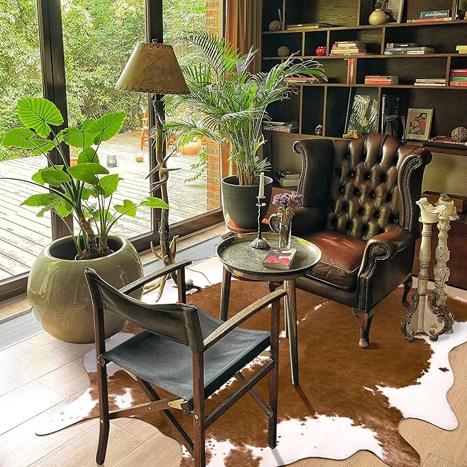 Amearea Faux Cow Hide Rug, Vintage Western Home Decor Cow Print Rugs for Living Room, Faux Leather Animal Cowhide Carpet for Bedroom, Dining Traditional Cow Print Stuff Carpets, Khaki 6.2x5.2 Feet