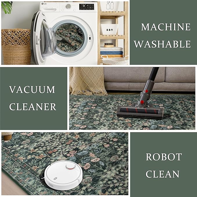 6x9 Green Floral Living Room Rug: Vintage Washable Rug Floral Soft Carpet Indoor Floor Non-Slip Boho Stain Resistant Large Carpets for Bedroom Kids Nursery Dining Room Farmhouse Home Office