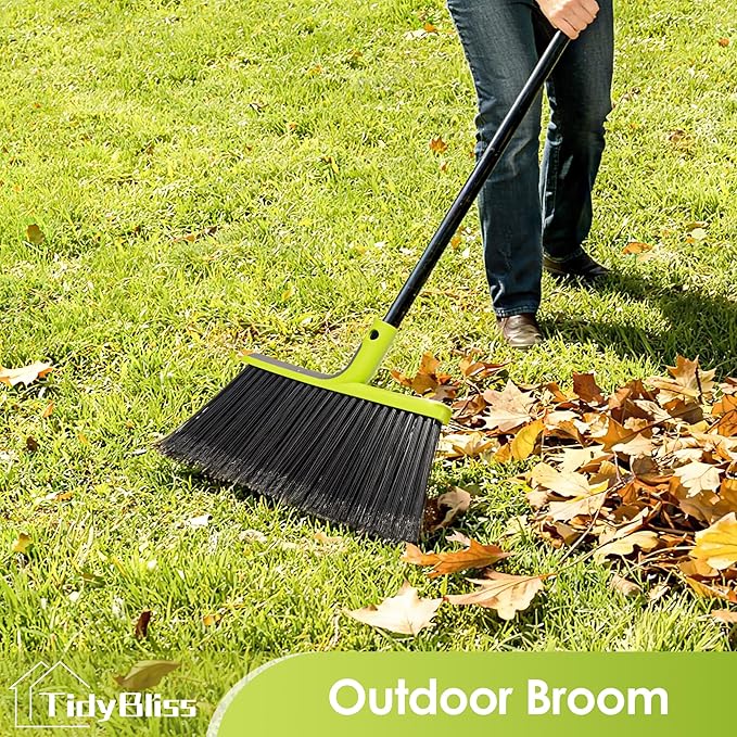 Outdoor Broom Heavy Duty, 56 inches Tall Commercial Soft Bristle Angle Brush for Sweeping Outside Patio Garden Porch Deck Shop Restaurant Garage House Lobby Hardwood Floors (Green)