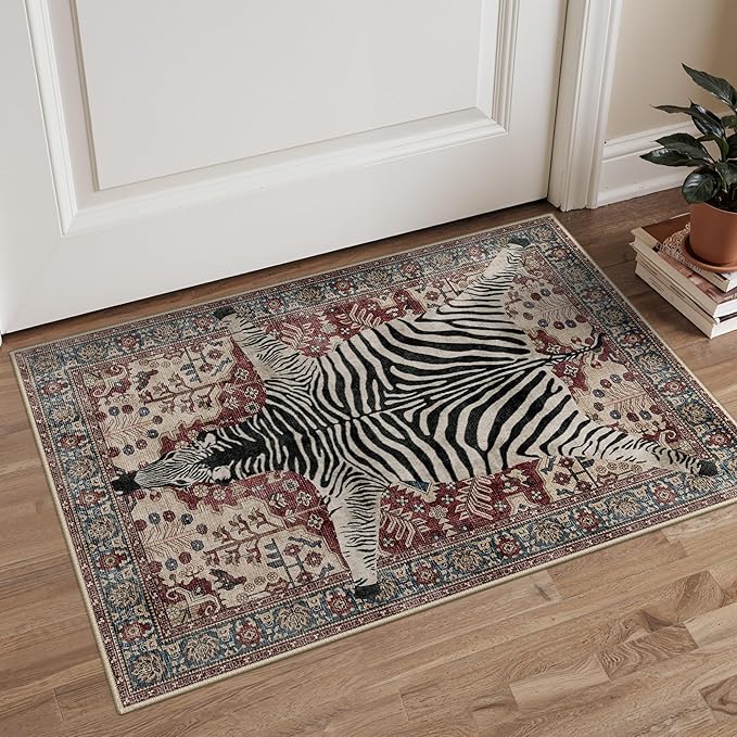 Bavni 2x3 Zebra Rug, Machine Washable Door Mat,Soft Animal Small Boho Rugs Non Slip Low Pile Non-Shedding Pet Friendly Throw Indoor Print Carpet for Entryway Front Door Bathroom,Red