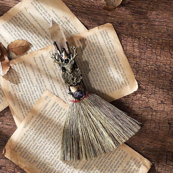 Smoky Quartz Witch Broom - Witchcraft Supplies with Deer Design Mini Witches Broomstick Altar Supplies with Natural Healing Crystals Wiccan Supplies Prayers Meditation Therapy Decor