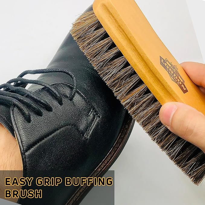 Horsehair Shoe Brush Kit 4 Piece – Premium Horsehair Shoe Brush Set for Leather Shoes & Boots, Shine Brush, Dauber Applicator, Suede Cleaner & Microfiber Cloth.