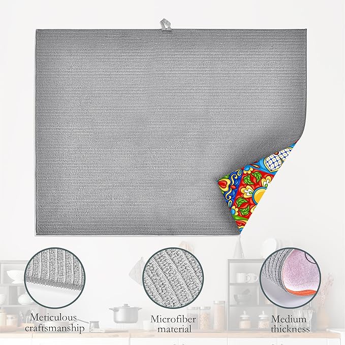 Mexican Tile Dish Drying Mat,Boho Tradicion Drying Rack Pad Countertop Dishes Ultra Absorbent Microfiber Kitchen Counter Mat for Coffee Countertop Decor 18x24 Inch