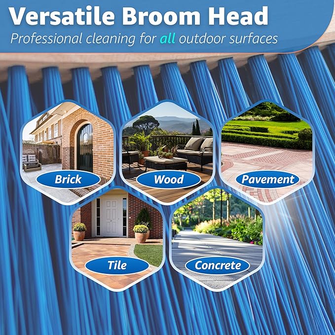 Outdoor Broom Head - Heavy Duty 9.85" Sweeping Wooden Broom Head with Stiff Bristles - Fits Standard 3/4" Threaded Handles - Ideal for Concrete Walkway, Patio, Deck, Driveway & Garage