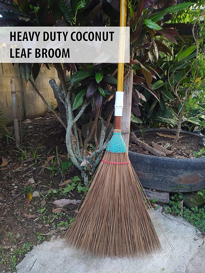 Natural Coconut Leaf Broom - 61 Inch, Multi-Surface Outdoor Broom - Sweeps Snow & Wet Leaves - Sturdy Bamboo Handle - Asian Heavy Duty