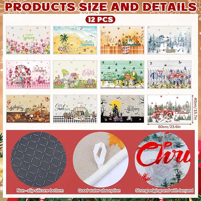 Meanplan 12 Pcs Seasonal Dish Drying Mats for Kitchen 24"x 16" Holiday Microfiber Absorbent Washable Drainer Mat Bulk for Counter Gift Winter Valentine's Day Irish Home Accessories Decoration