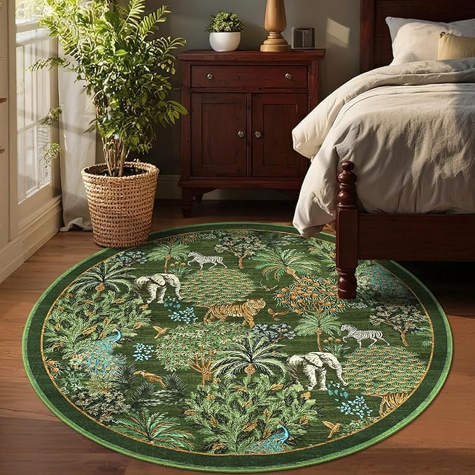 GarveeHome Jungle Round Washable Rugs 6ft Non-Slip Soft Round Rug for Kids Room, Forest Animal Print Tiger Circle Carpet for Bedroom Entryway Playroom Nursery, Dark Green