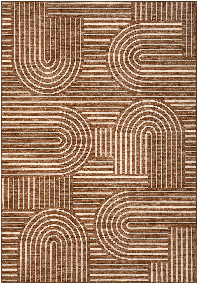 Washable Rug 3x5 Area Rugs for Living Room, Abstract Rug for Bedroom, Soft Rainbow Non Slip Throw Rugs with Rubber Back, Low Pile Stain Resistant Boho Geometric Carpet for Dining Room, Copper
