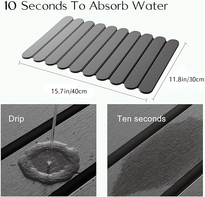16"×12" Grey Stone Dish Drying Mats for Kitchen Counter, Large Quick Dry Collapsible Eco-Friendly Super Absorbent Diatomaceous Earth Heat-resistant Mat for Dishes Bottles Cups, Match Any Countertop