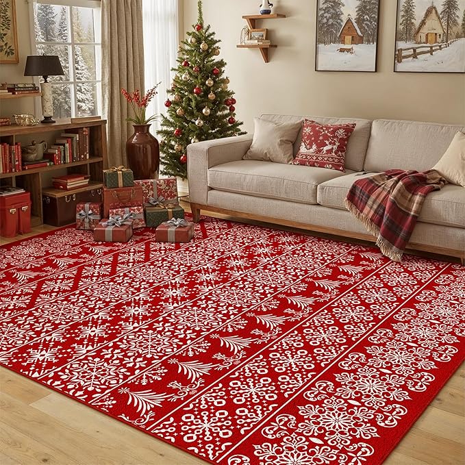 5x7 Area Rug Red Christmas Living Room Carpet Xmas Holiday Decor Bedroom Carpet Snowflake Washable Non Slip Kitchen Mat Indoor Decorative Throw Rug Entryway Dining Room Nursery Bathroom