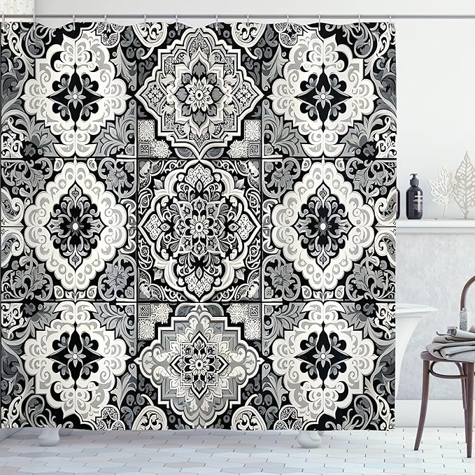 Ambesonne Grey Shower Curtain, Oriental Trippy Art with Moroccan Tile Pattern of Blooming and Curlicue Leaves, Cloth Fabric Bathroom Decor Set with Hooks, 69" W x 70" L, Off White Dimgray