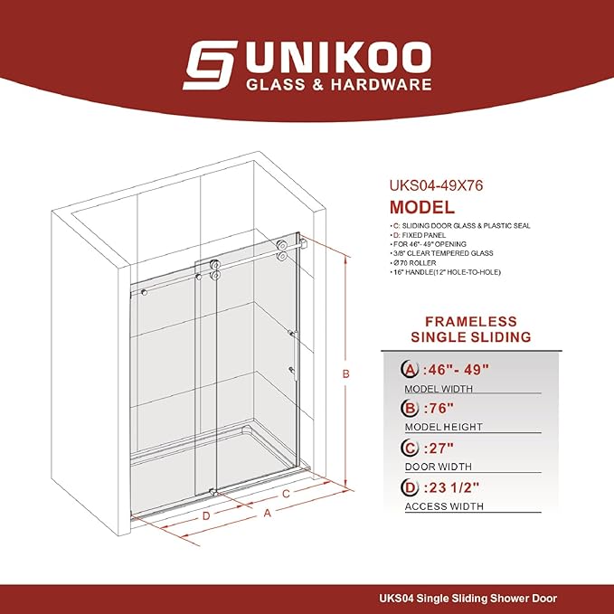46-49 Inch x 76 Inch Sliding Frameless Shower Door, 3/8" Tempered Glass with Easy-Cleaning Coating, Stainless Steel Rollers & SGCC-Certified Stability, Matte Black