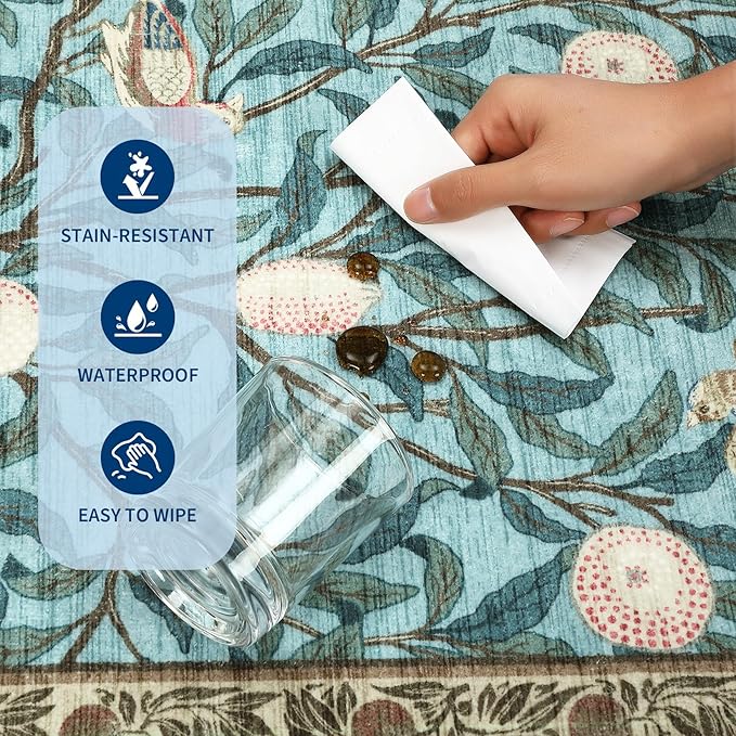 GarveeHome 2x6 Runners for Hallways Non Slip, Boho Leaf Kitchen Runner Rug Washable Rugs for Bedroom, Low Pile Soft Blue Runner Botanical Bird Rug for Dorm Entryway Laundry Room Bedroom