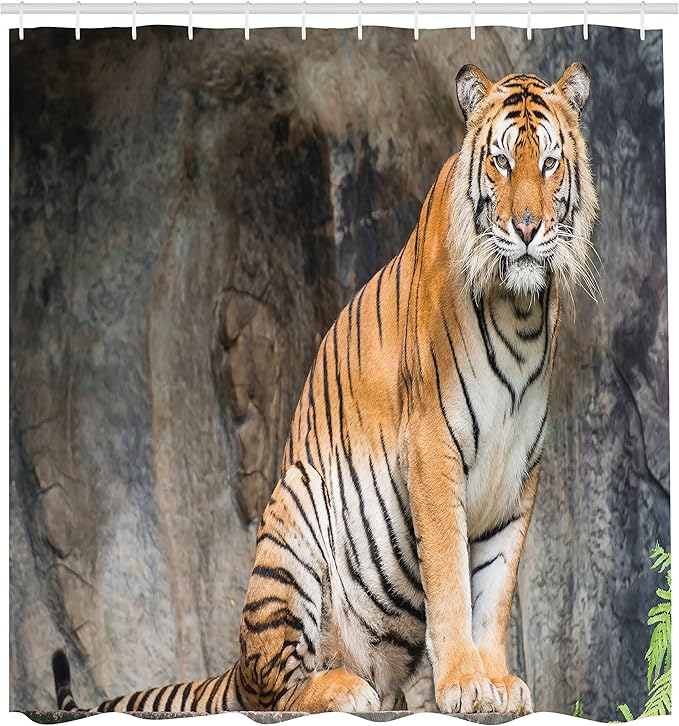 Ambesonne Zoo Shower Curtain, Bengal Tiger Feline Predator Aggressive Hunter Carnivore Africa Savannah, Cloth Fabric Bathroom Decor Set with Hooks, 69" W x 75" L, Pale Brown White Black