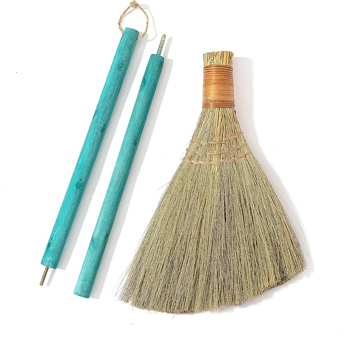 Vietnamese Straw Soft Broom - Sweeping Broom with Green Wooden Handle for Cleaning, Decoration, Wedding with 45.28inch Length