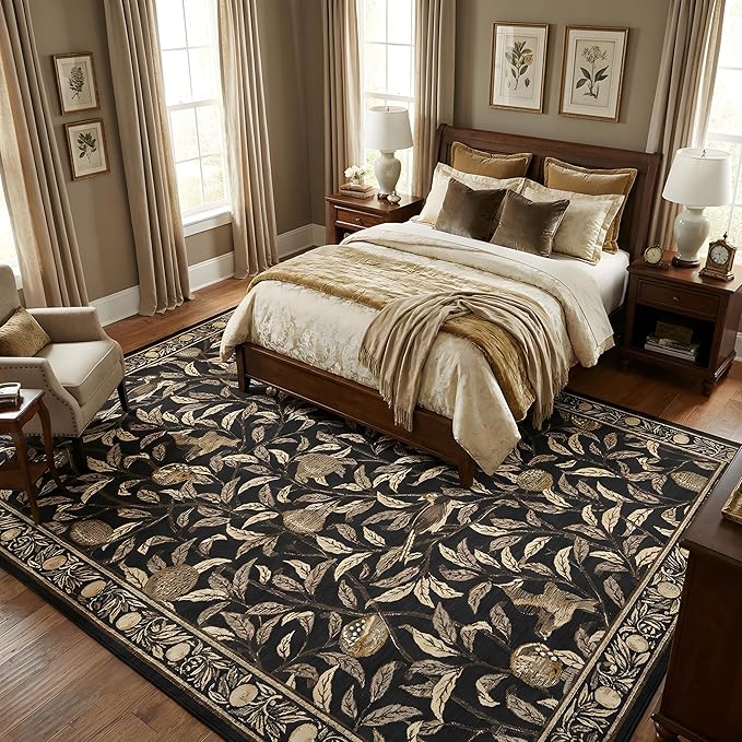 GarveeHome 8x10 Area Rugs for Living Room, Boho Leaf Rugs for Bedroom with Soft Low Pile, Non Slip Botanical Bird Large Washable Rug 8x10 for Dining Room Stain Resistant Brown Throw Rug
