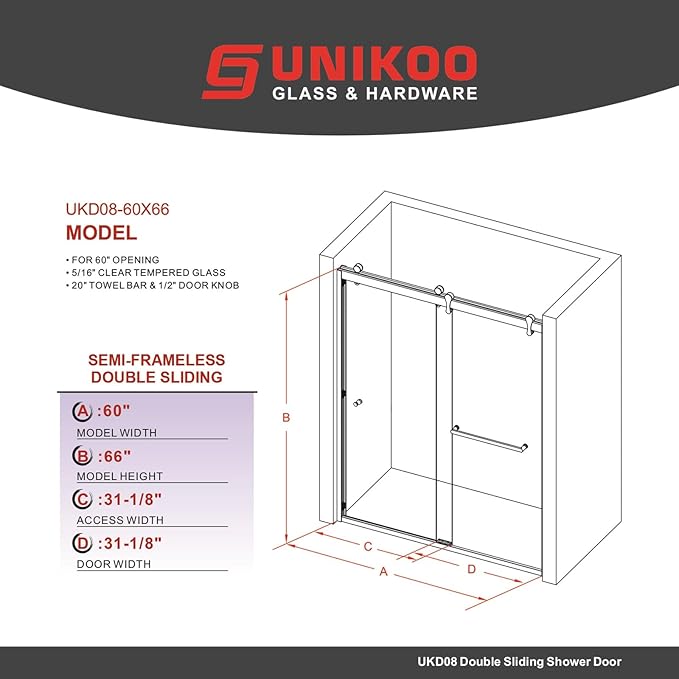 56"-60" W X 66" H Double Sliding Bathtub Door with Frame - Matte Black Hardware, 8mm Tempered Glass, Stainless Steel Hanger Rollers, Easy-Cleaning Coating, Through-Glass Towel Bar & Knob