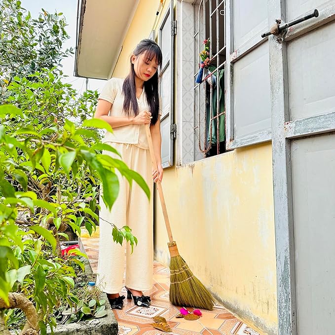 Vietnamese Straw Soft Broom for Cleaning with Long Handle Broom- Broom Decorative 9.45'' Width, 45.28" Length