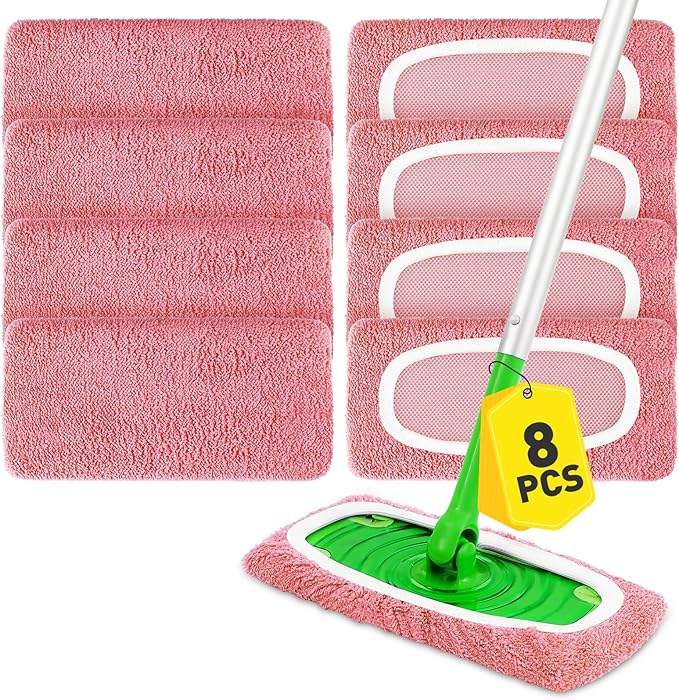 8Pcs Pink Reusable Mop Pads,Microfiber Mop Pads Compatible with Swiffer Sweeper, Dry Sweeping Cloths & Washable Wet Pads Refill for Floor