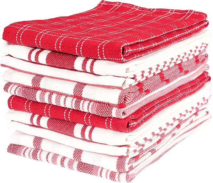 KAF Home Assorted Flat Kitchen Towels |100% Cotton - 18 x 28 inches | Ultra Absorbent Soft Dish Towels | Perfect for Cooking, Cleaning, and Drying Hands (Red, 18 x 28-10 Pack)