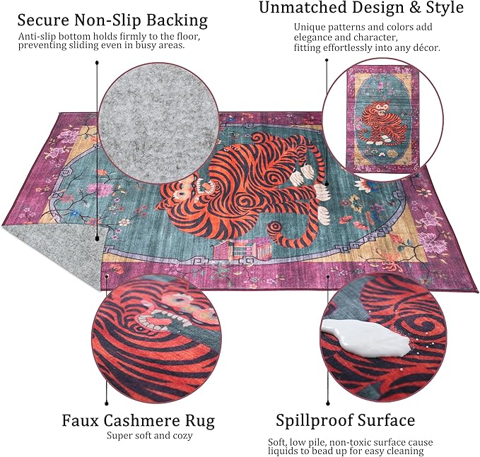 Vintage Tiger Rug Washable 8x10 FT Oriental Traditional Animal Print Purple-Green Floral Tibetan Rugs for Bedroom Kitchen Living Room Indoor Entryway Carpet Thin Rug