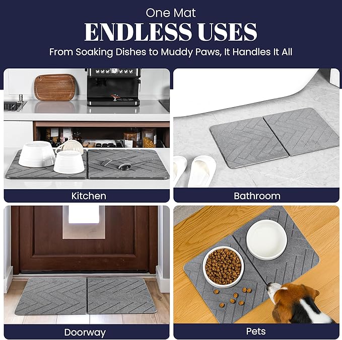 Large Folding Stone Dish Drying Mat for Kitchen Counter – Super Absorbent Diatomite Stone Drying Mat for Dishes, Cups & Bottles – Quick Dry, Space-Saving, Multi-Use Kitchen, Bath & Pet Mat – 23”×15”