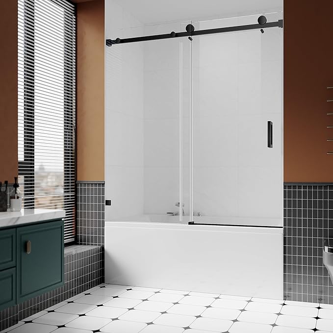 3/8" (10mm) Sliding Glass Shower Door for Bathtub, 56-60" W x 66" H Frameless Bathroom Door with Easy-Cleaning Coating,Matte Black