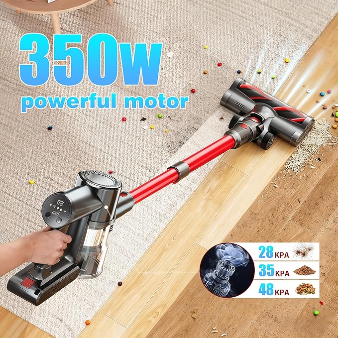 Cordless Vacuum Cleaner, 48Kpa Strong Suction, 50Mins Runtime, Anti-Tangle Brush Roll, 4-in-1 Lightweight Stick Vacuum for Hard Floor Carpet Pet Hair, with LED Display & Wall Mount Charging