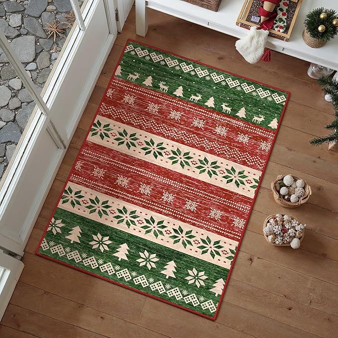 Christmas Red Area Rug 2x3 Washable Snowflake Carpet Non Slip Holiday Decorative Accent Doormat Xmas Boho for Entrance Bathroom Laundry Kitchen Dining Room